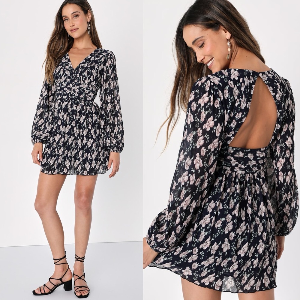 Lulus | Devoted Romance Navy Blue Floral Backless Dress With Pockets